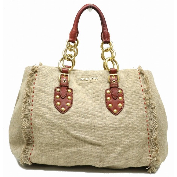 Miu Miu Fringe Linen Hemp Tote Bag Beige Brown - Picture 1 of 8